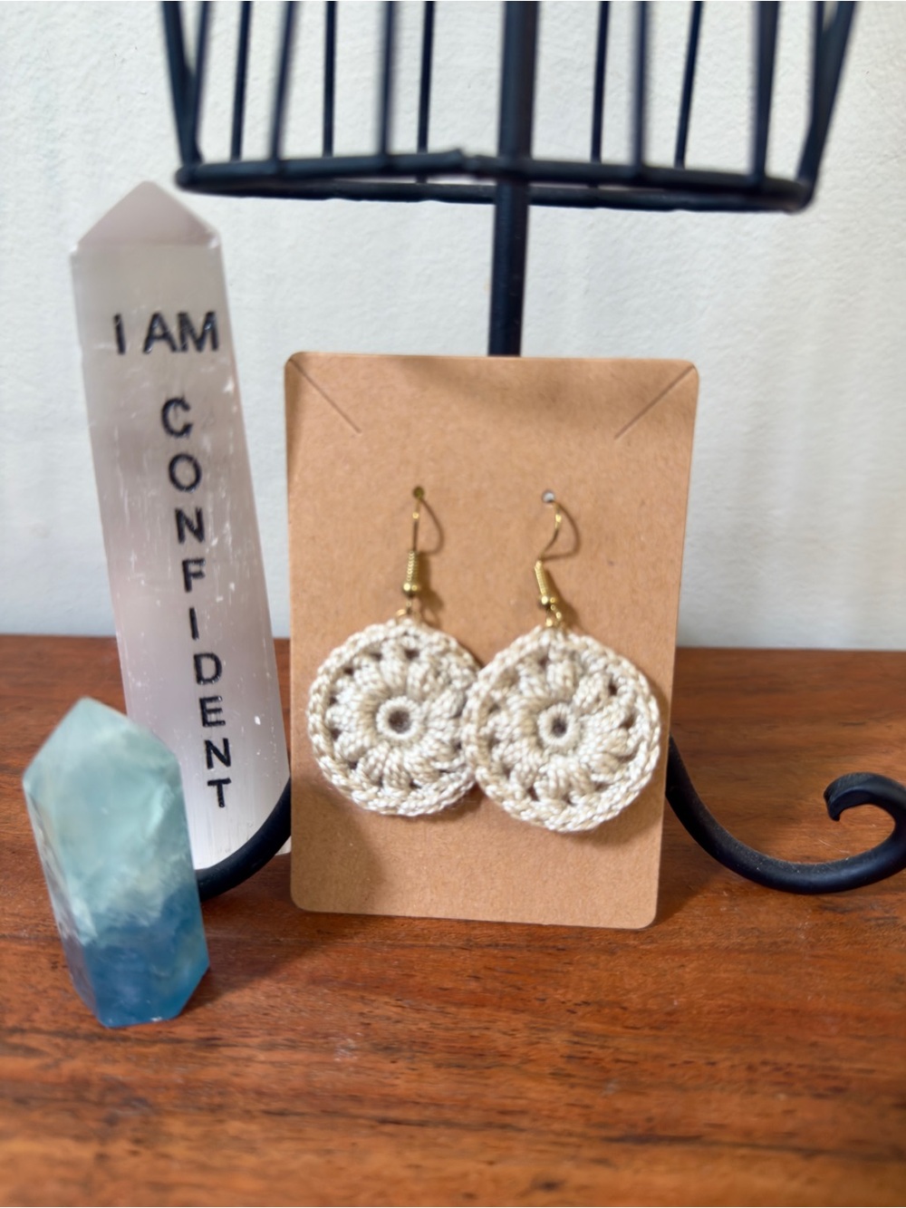Handmade Crochet Circle Earrings in Cream